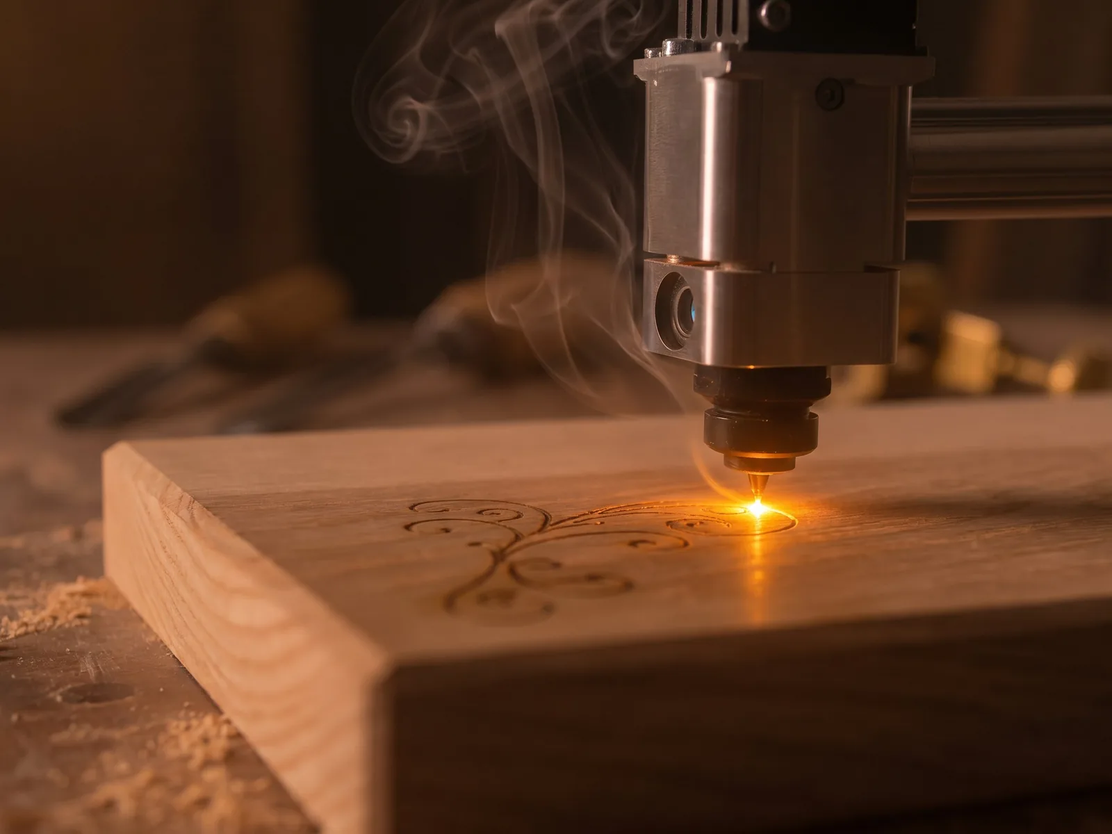 Tête laser en action sur du bois, fumée et point ambre incandescent