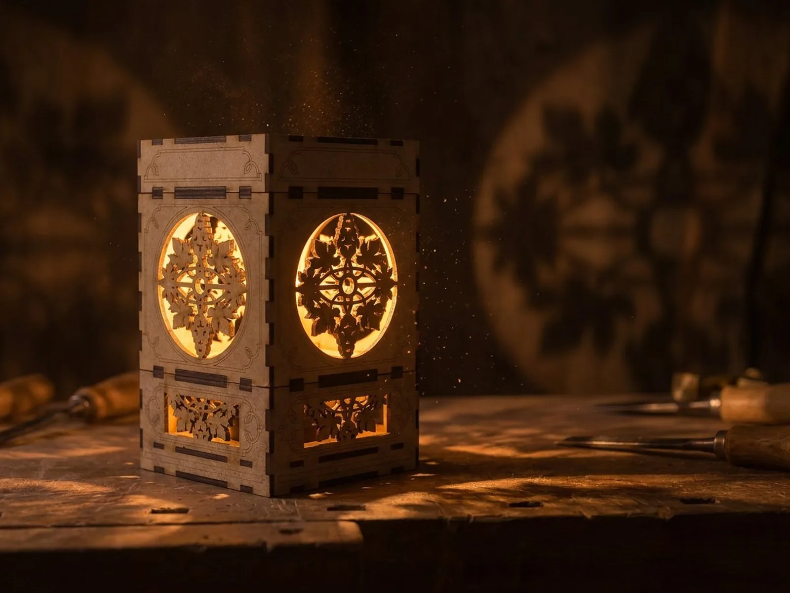 Lanterne cubique en bois avec rosaces florales laser-découpées, illuminée de l'intérieur