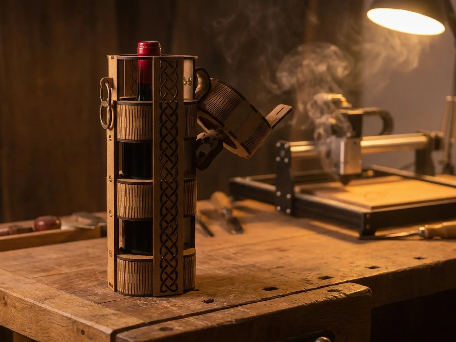 Coffret cylindrique avec tresses celtiques gravées, cire rouge à cacheter
