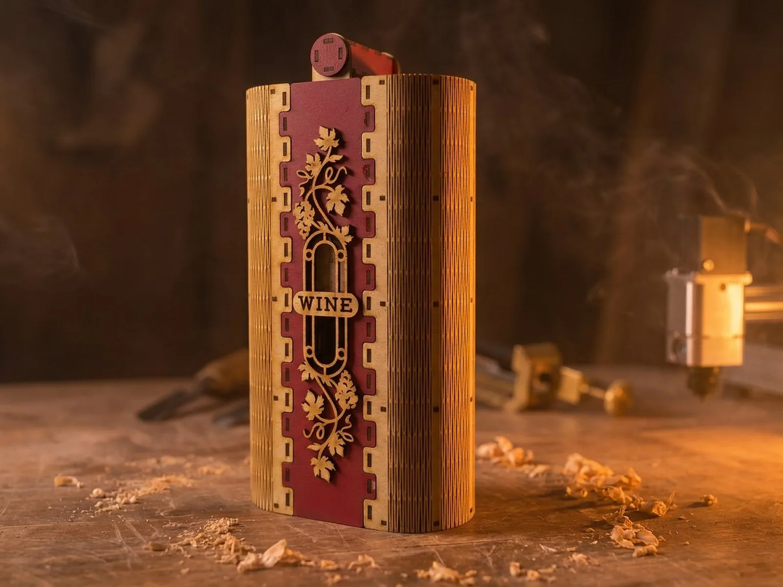 Coffret cintré bicolore avec vignes gravées et médaillon WINE