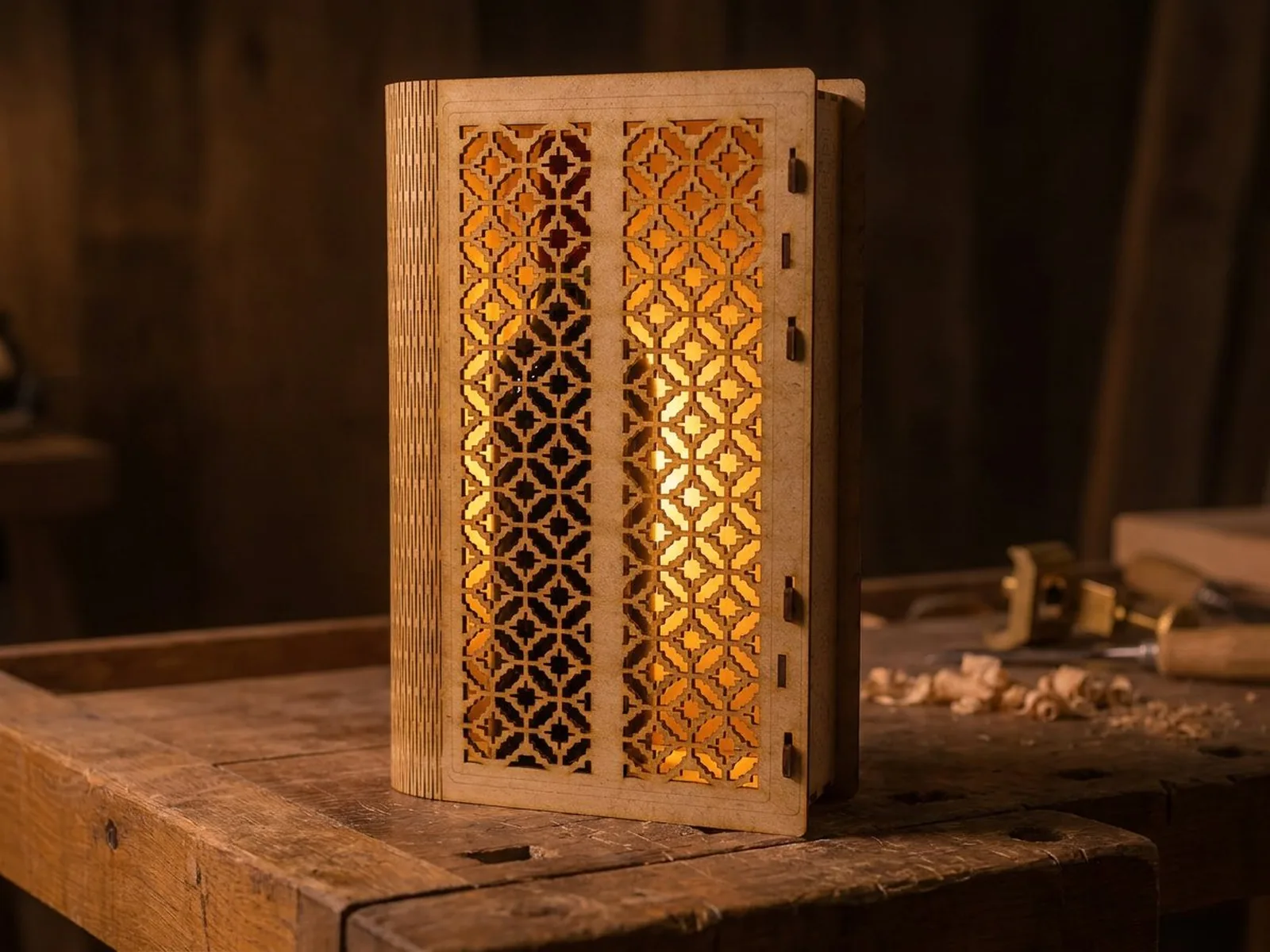 Coffret format livre avec moucharabieh oriental, illuminé de l'intérieur