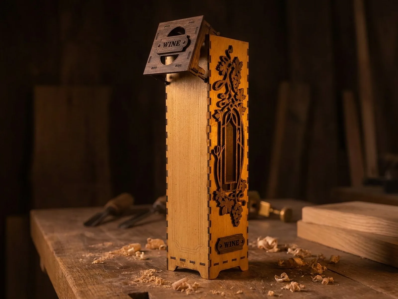 Coffret colonne double-bois, couvercle sombre posé incliné sur le corps doré gravé d'une vigne et cartouche WINE